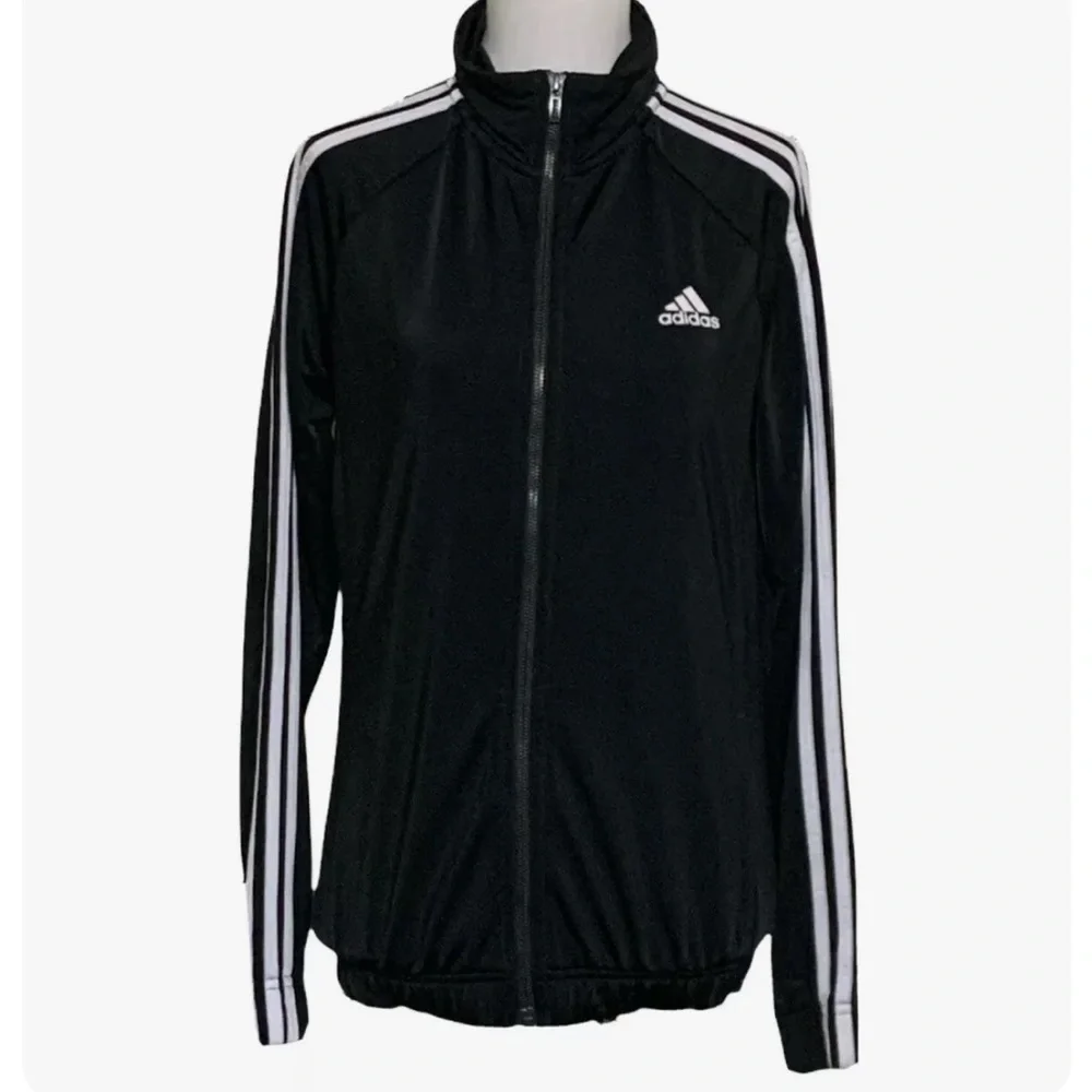 Adidas Jacket Women Small Black White Track Stripes Athletic Sports Zip Casual - Picture 1 of 12